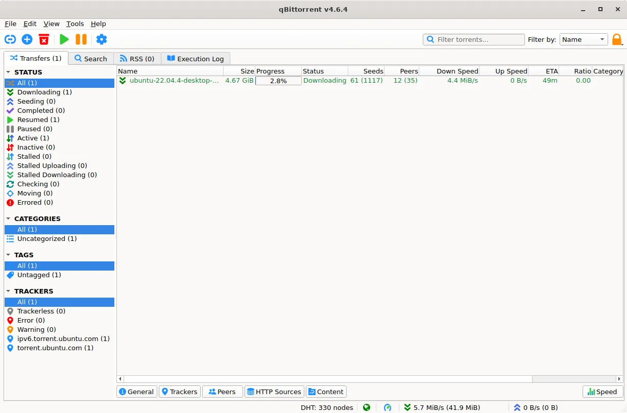 qBittorrent interface on Linux